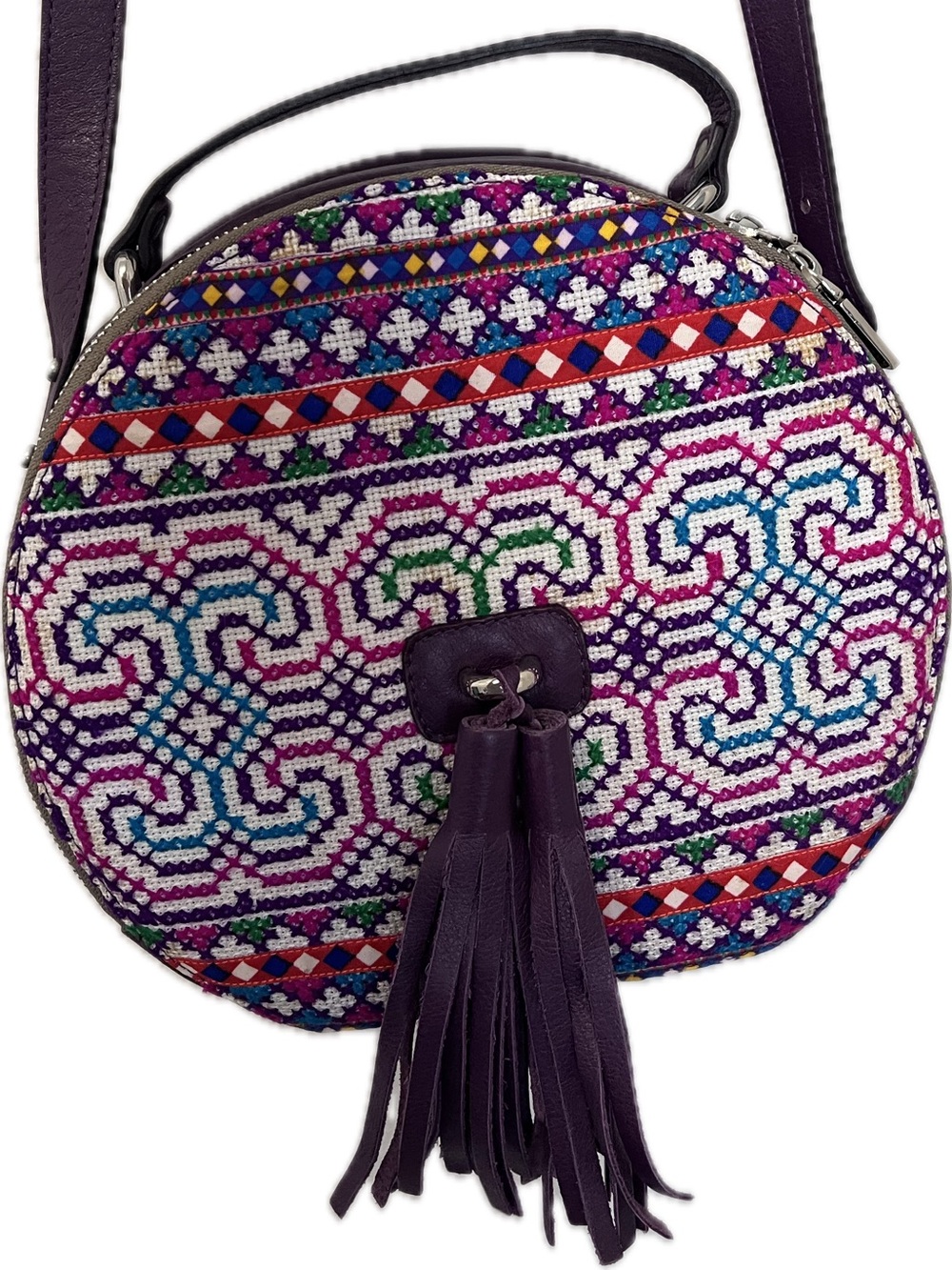 Womens Round Purple Embroidered Crossbody Bag with Tassel